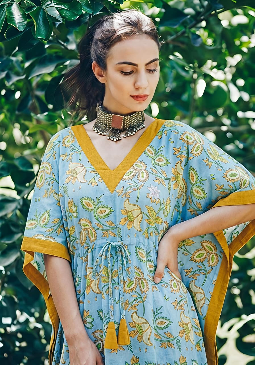 Smoke Blue Mustard Floral Printed Tie-Up Waist Cotton Kaftan