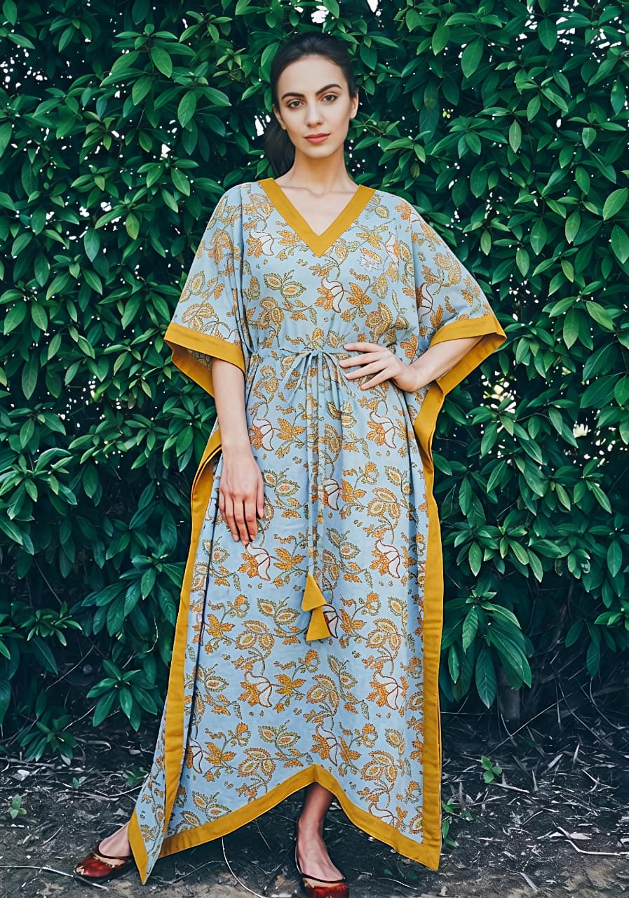 Smoke Blue Mustard Floral Printed Tie-Up Waist Cotton Kaftan
