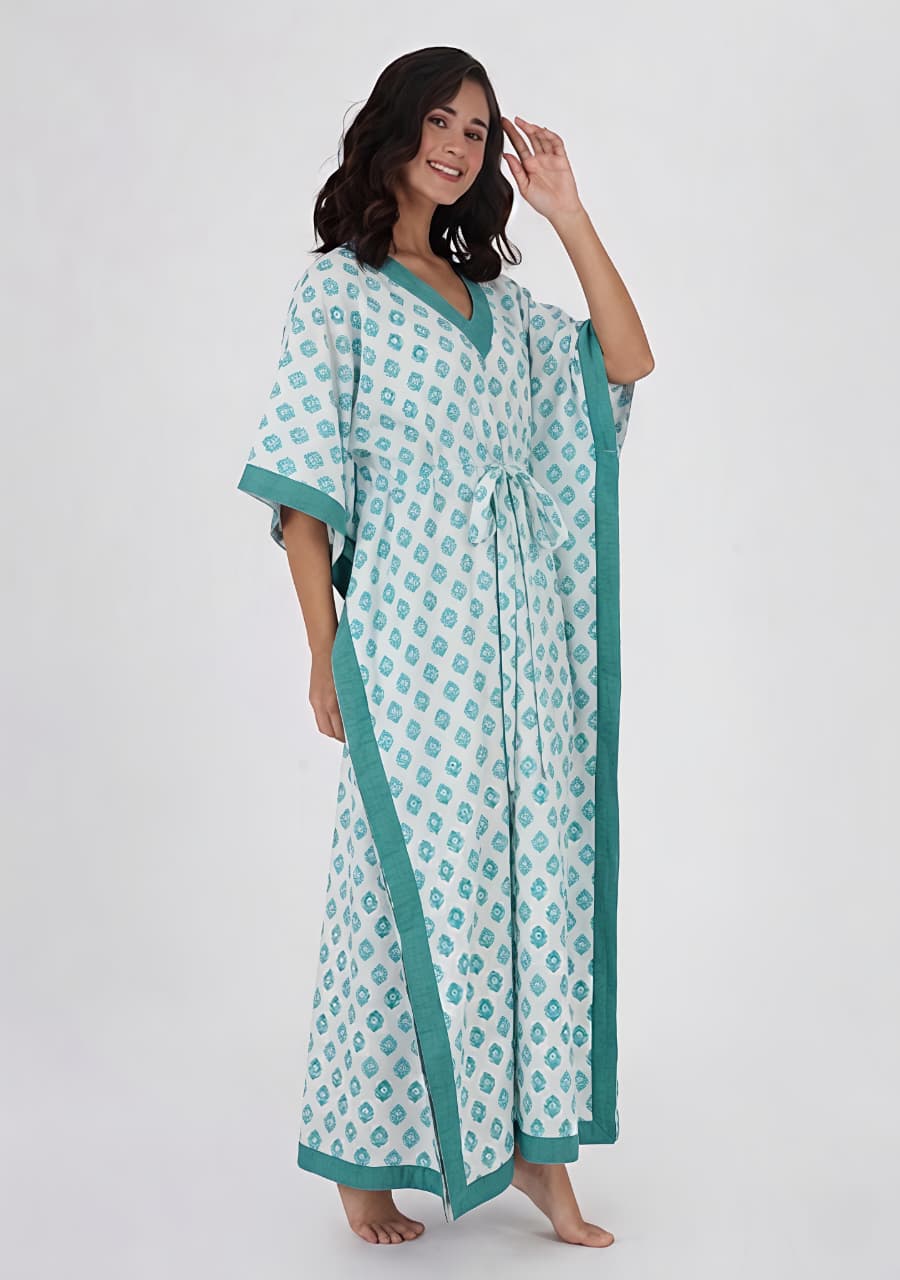 White Aqua Floral Printed Tie-Up Waist Cotton Kaftan