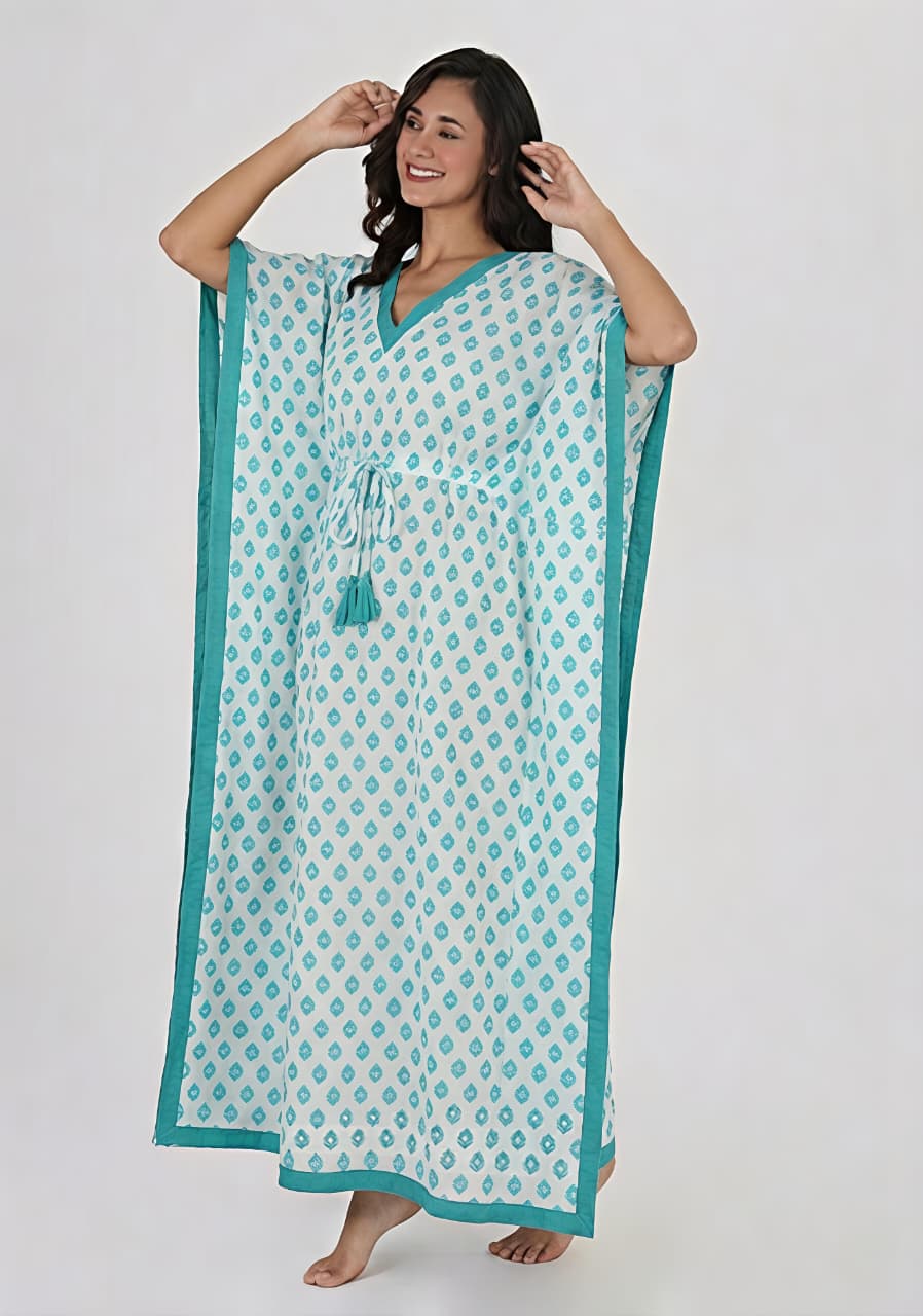 White Aqua Floral Printed Tie-Up Waist Cotton Kaftan