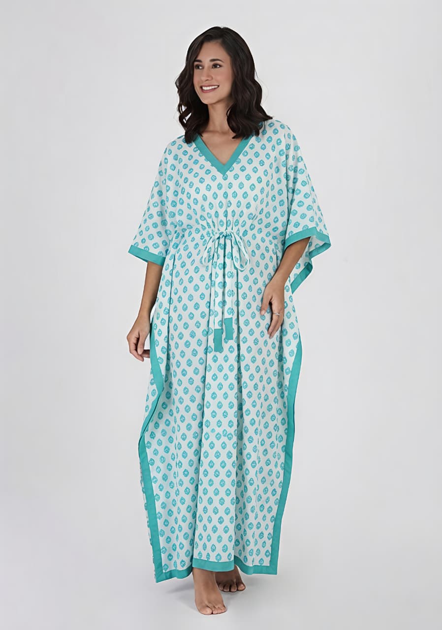 White Aqua Floral Printed Tie-Up Waist Cotton Kaftan