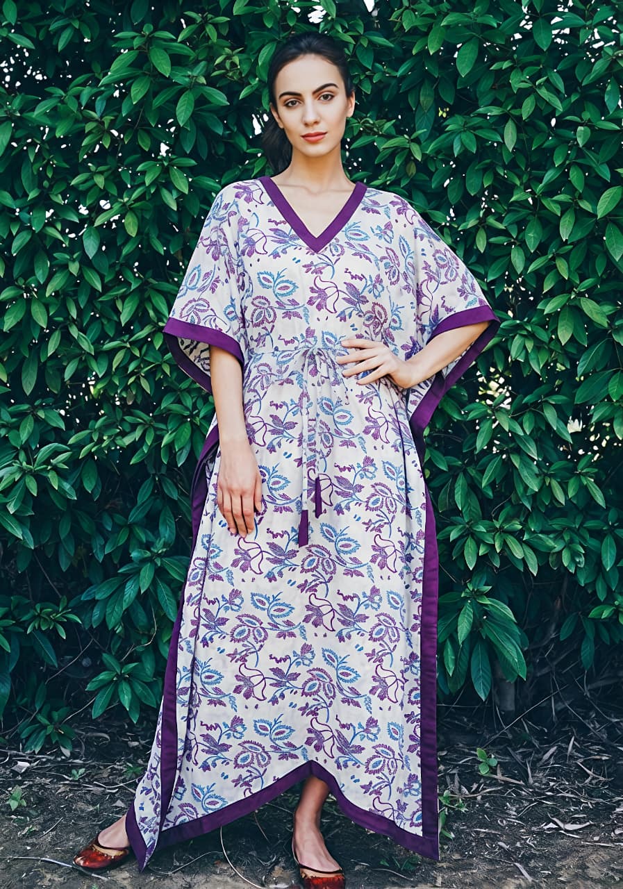 White Mauve Floral  Printed Tie-Up Waist Cotton Kaftan