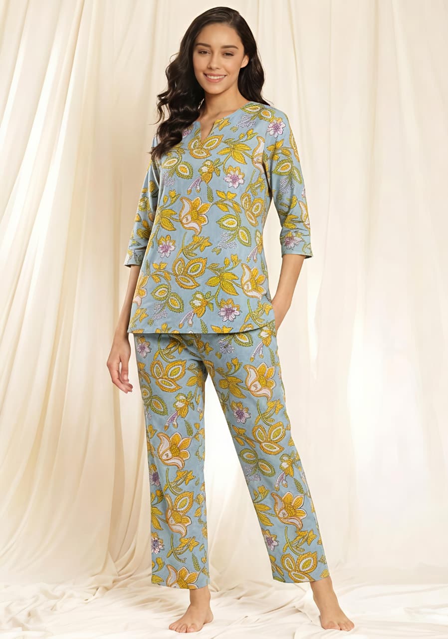 Smoke Blue Mustard Floral Printed Cotton Night Suit