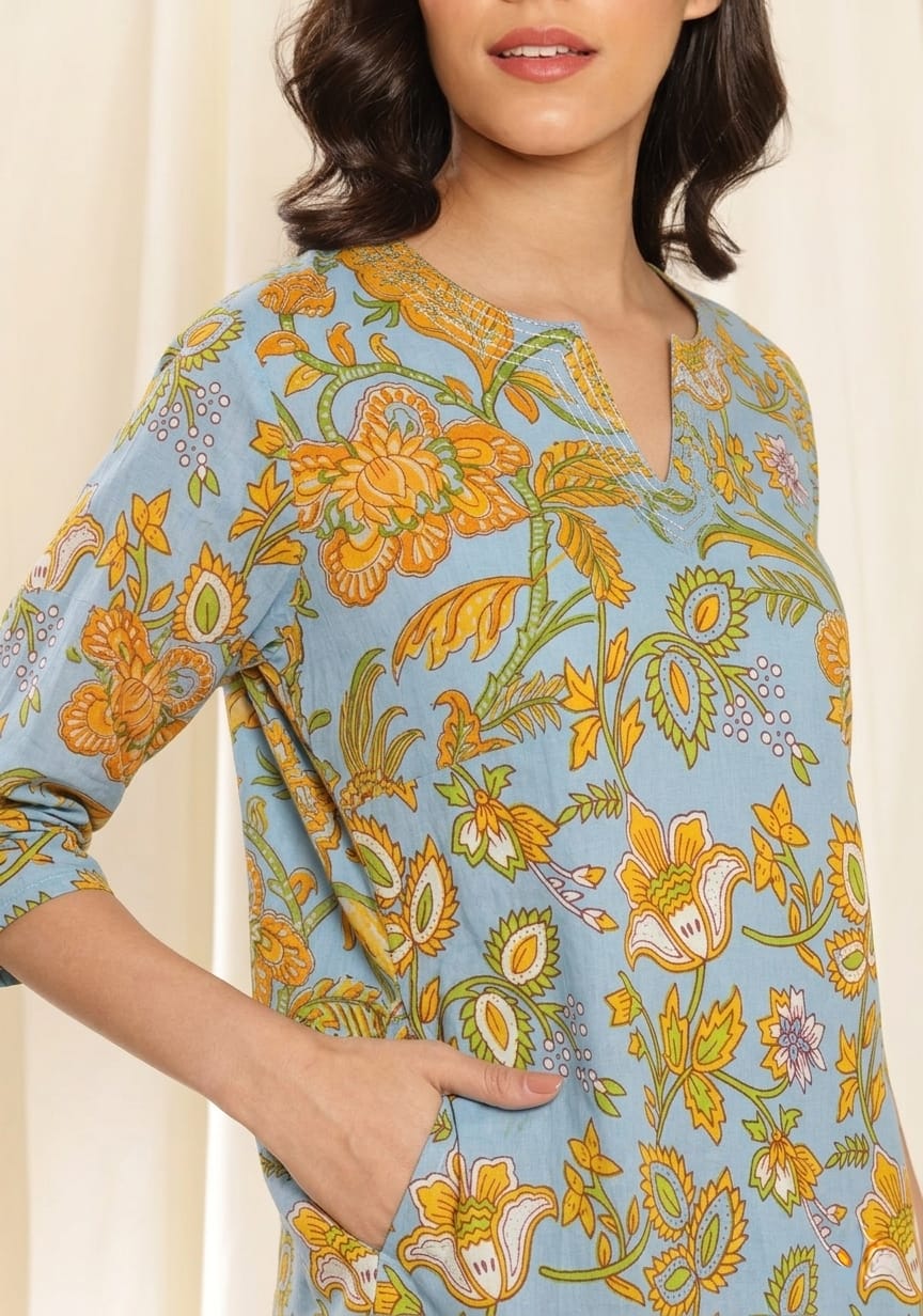 Smoke Blue Mustard Floral Printed Cotton Night Suit