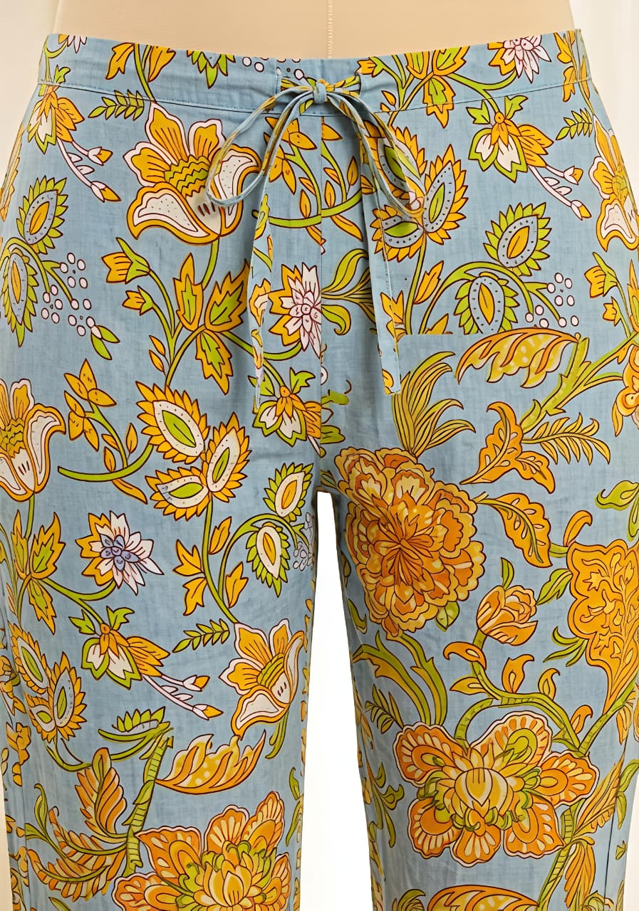 Smoke Blue Mustard Floral Printed Cotton Night Suit