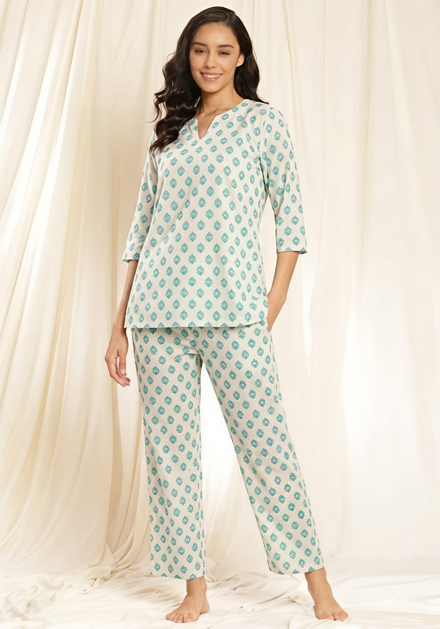 White Aqua Floral Printed Cotton Night Suit