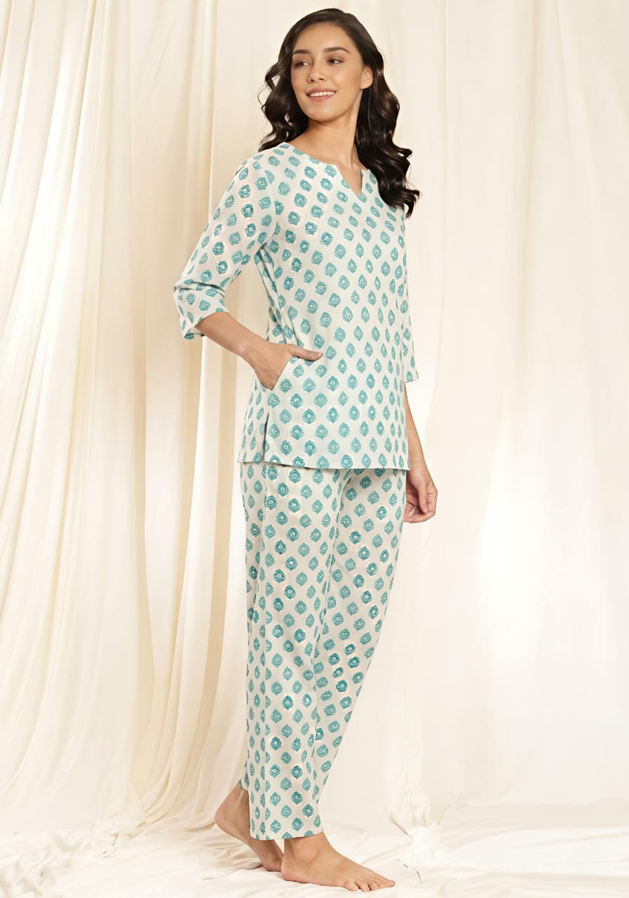 White Aqua Floral Printed Cotton Night Suit