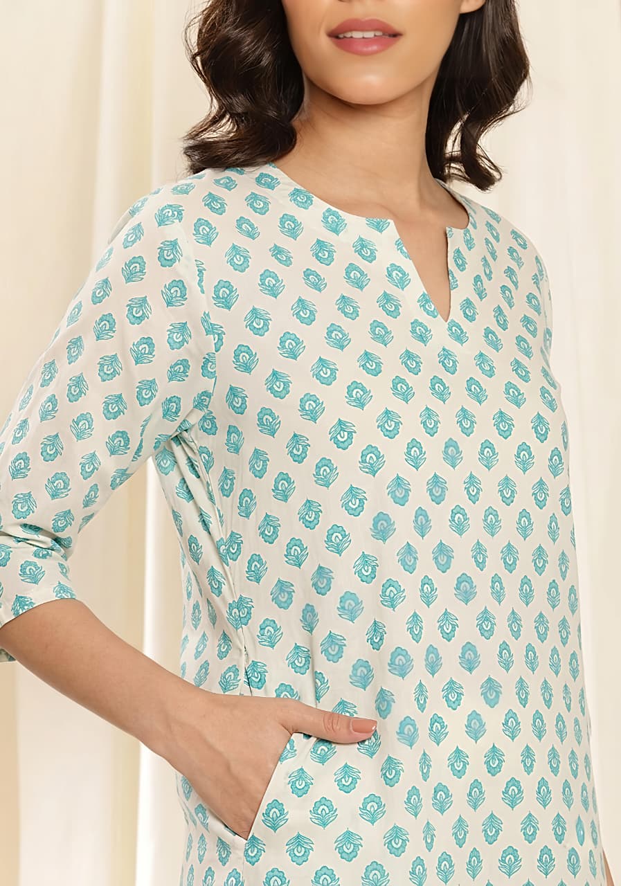 White Aqua Floral Printed Cotton Night Suit