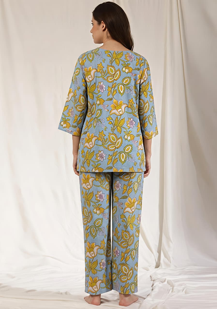 Smoke Blue Mustard Floral Printed Cotton Night Suit