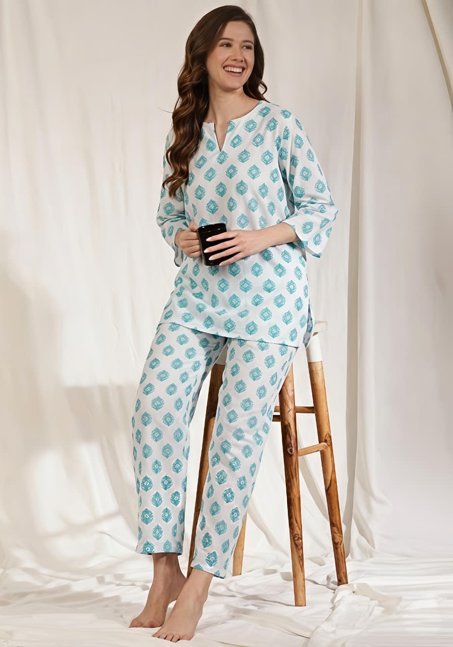 White Aqua Floral Printed Cotton Night Suit