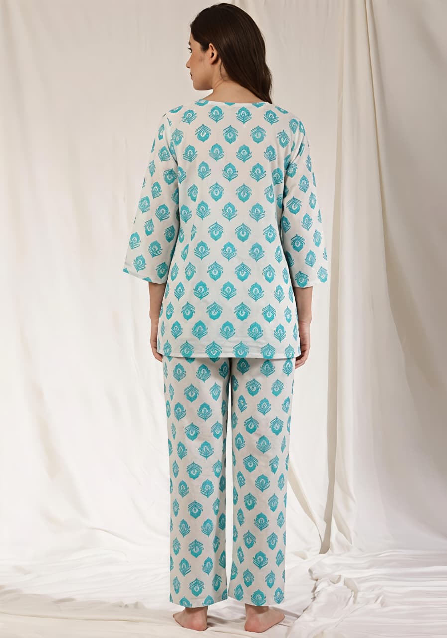 White Aqua Floral Printed Cotton Night Suit