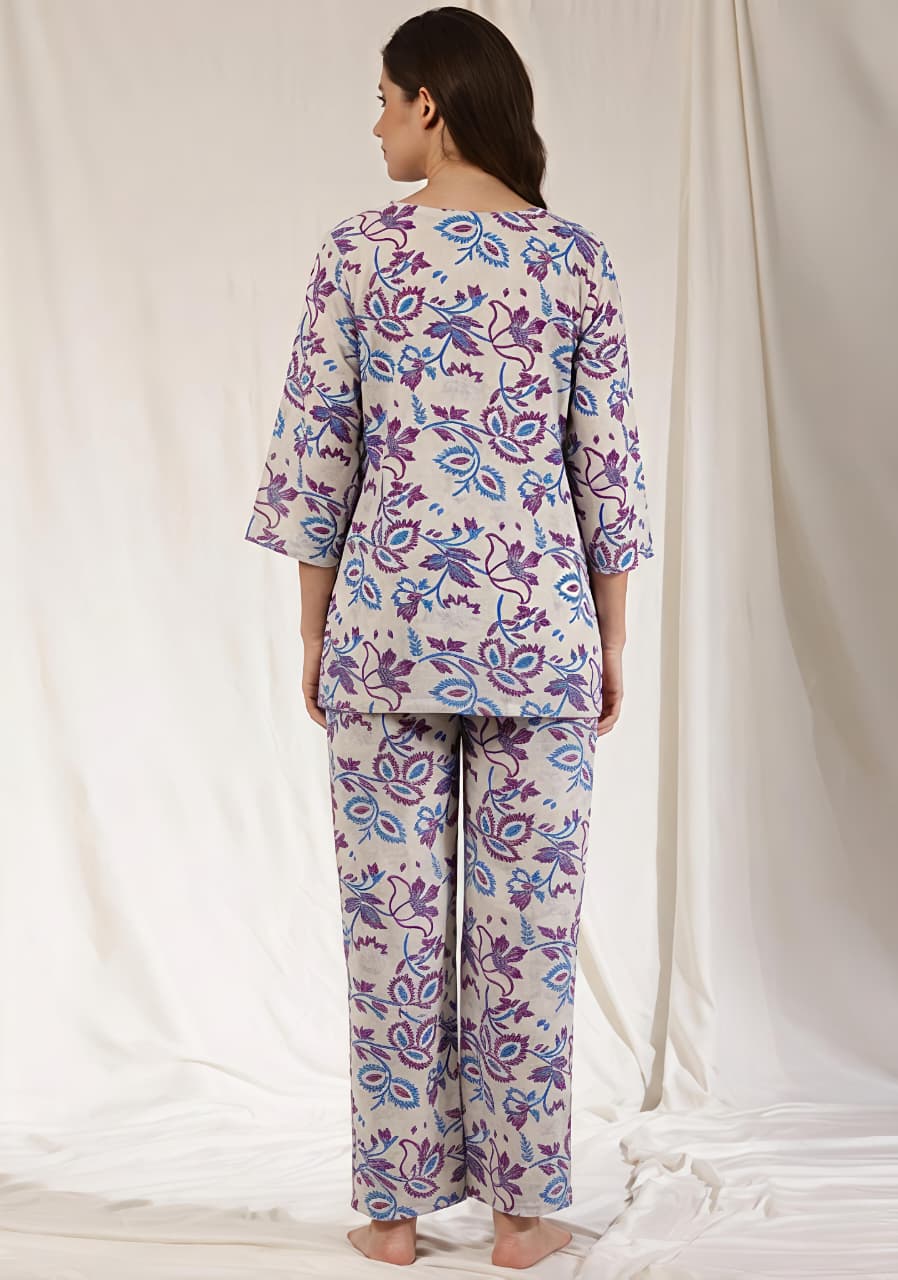 White Purple Floral Printed Cotton Night Suit