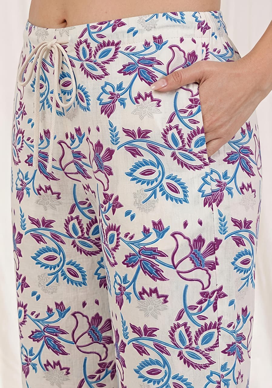 White Purple Floral Printed Cotton Night Suit