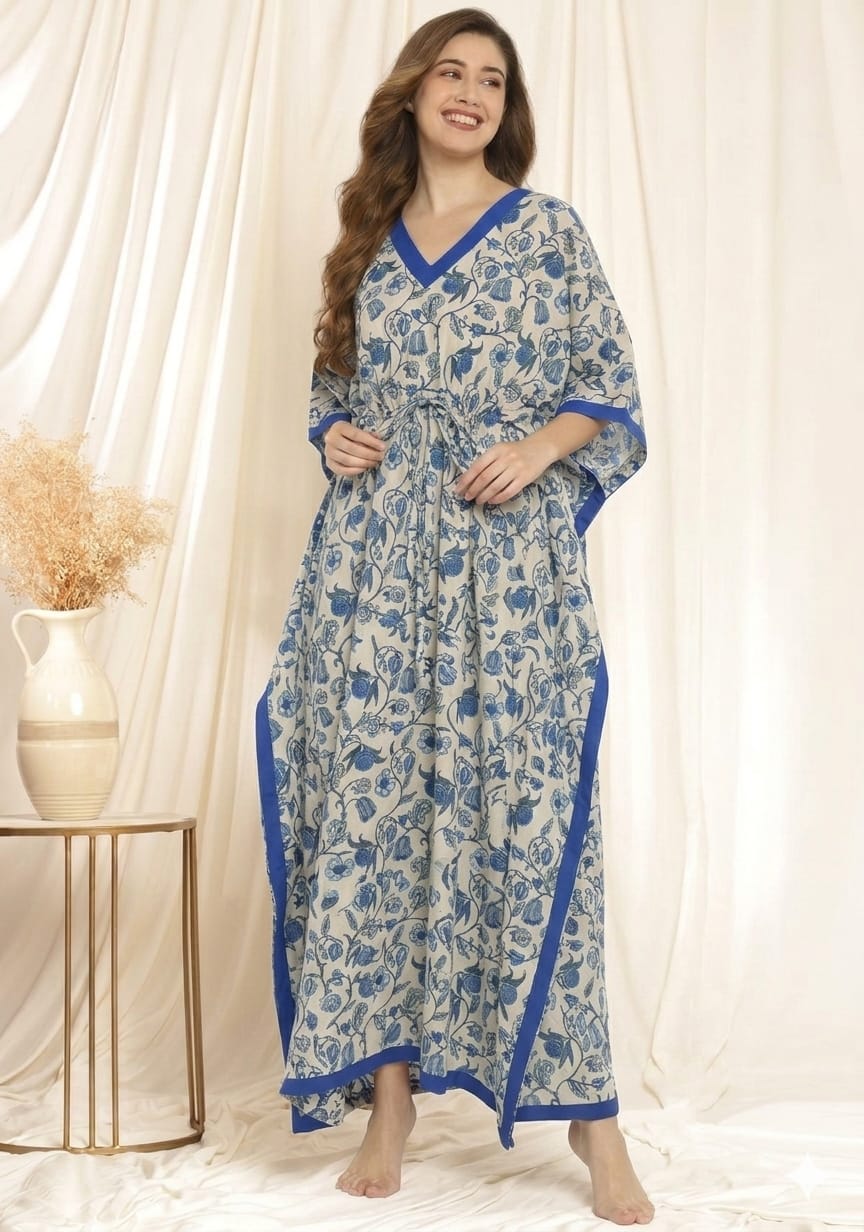 White Blue Floral Printed Tie-Up Waist Cotton Kaftan