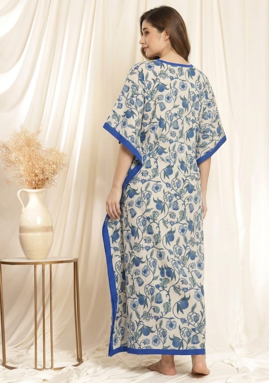White Blue Floral Printed Tie-Up Waist Cotton Kaftan