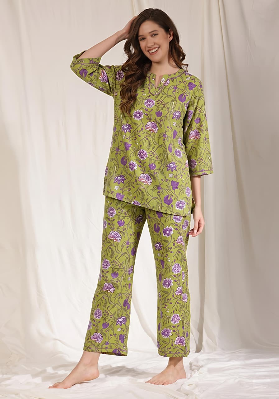 Green Pink Floral Printed Cotton Night Suit