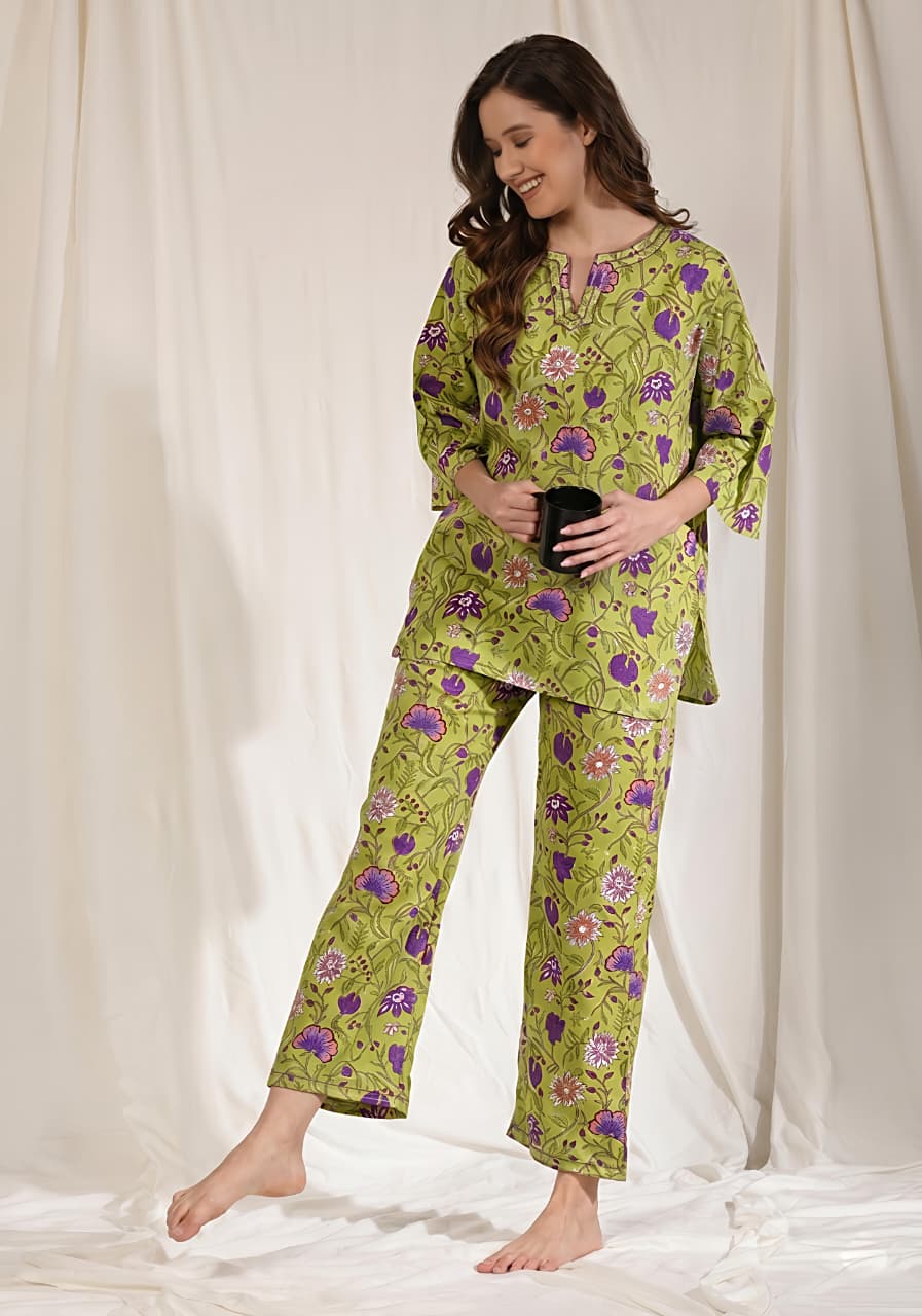 Green Pink Floral Printed Cotton Night Suit
