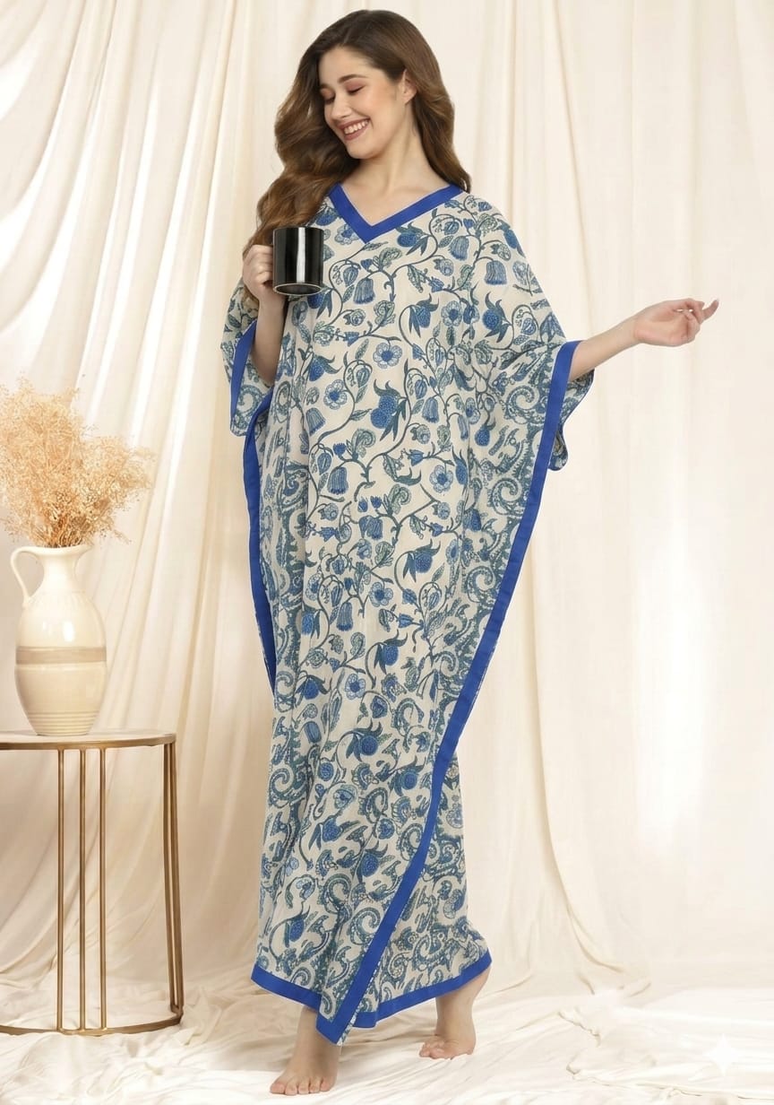 White Blue Floral Printed Tie-Up Waist Cotton Kaftan