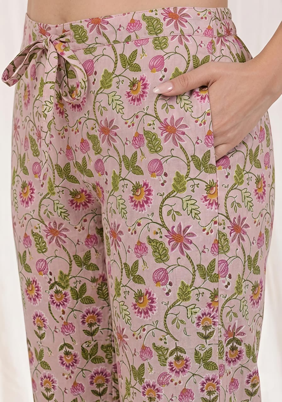 Pink Green Floral Printed Cotton Night Suit