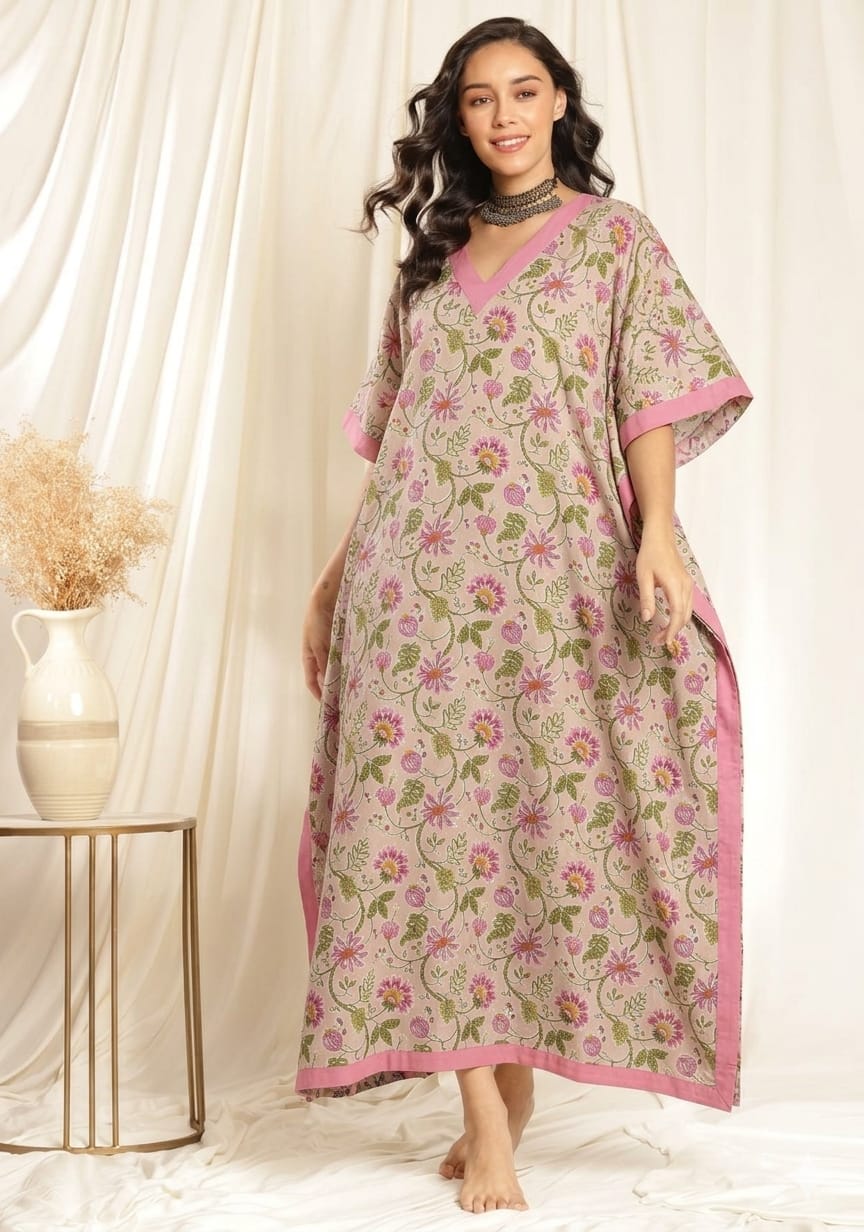 Pink Green Floral Printed Tie-Up Waist Cotton Kaftan