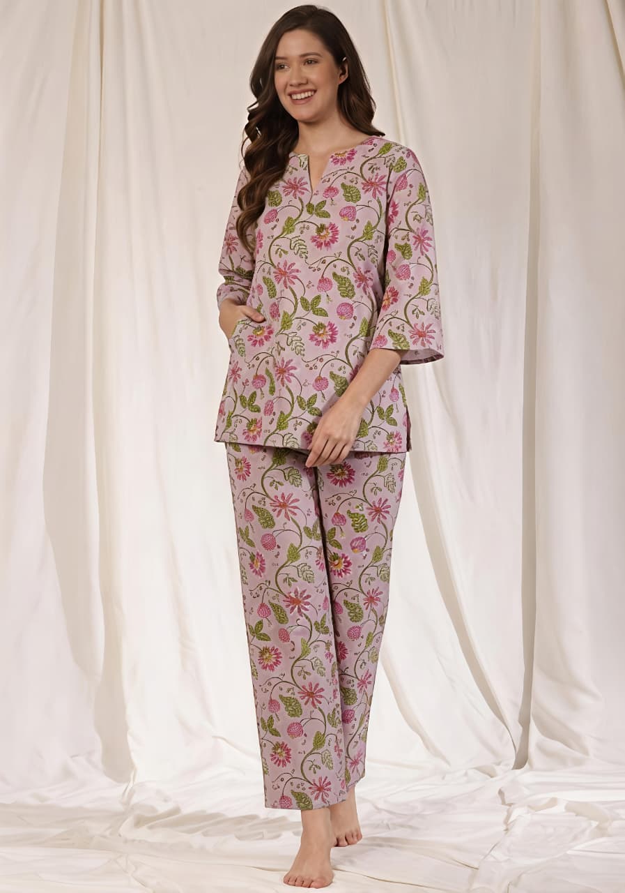 Pink Green Floral Printed Cotton Night Suit