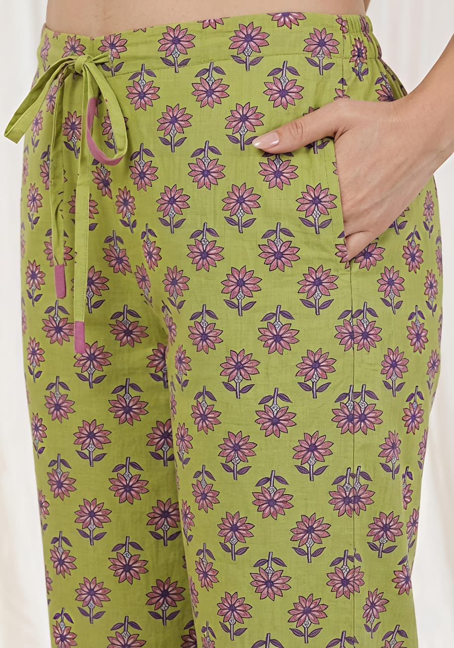 Green Mauve Floral Printed Cotton Night Suit