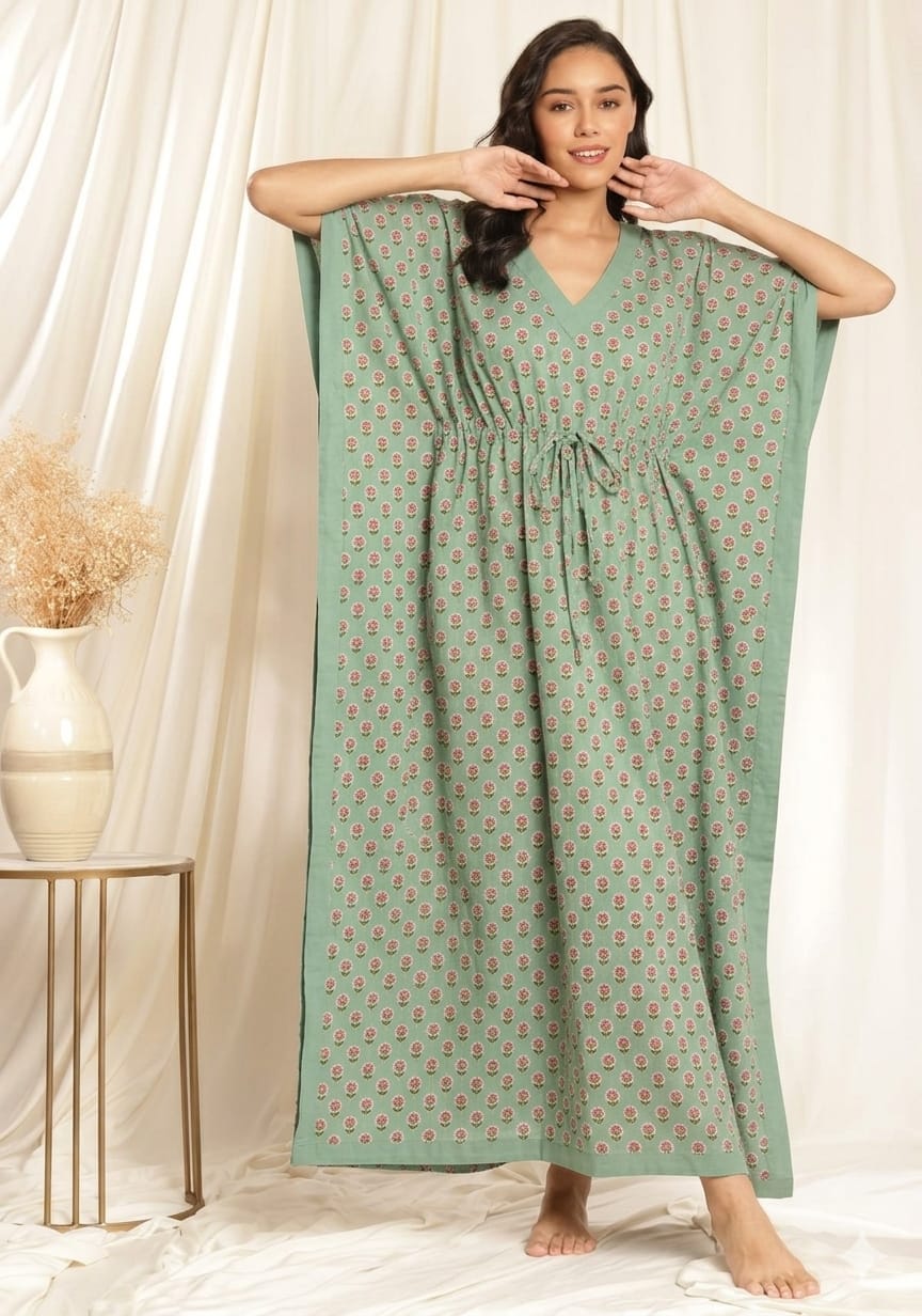 Aqua Pink Flower motif Printed Tie-Up Waist Cotton Kaftan