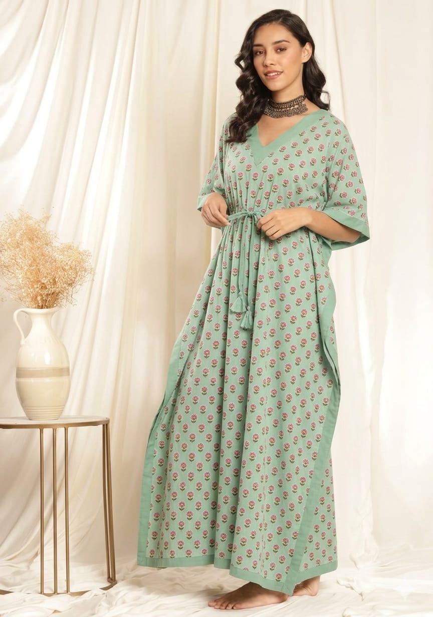 Aqua Pink Flower motif Printed Tie-Up Waist Cotton Kaftan