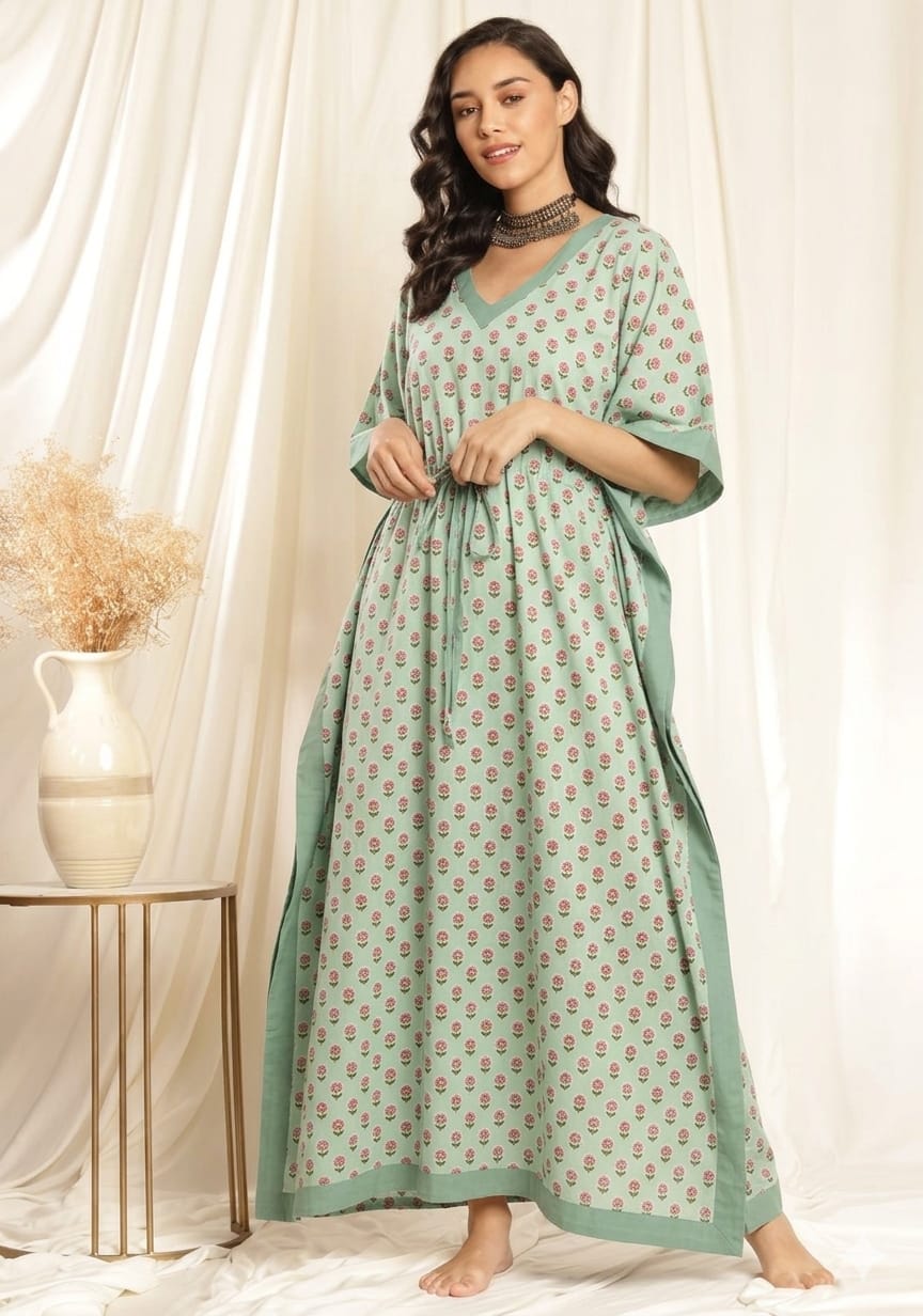 Aqua Pink Flower motif Printed Tie-Up Waist Cotton Kaftan