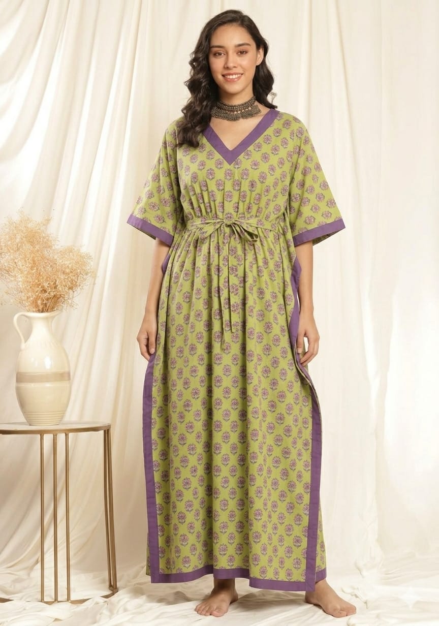 Green Mauve Flower motif Printed Tie-Up Waist Cotton Kaftan