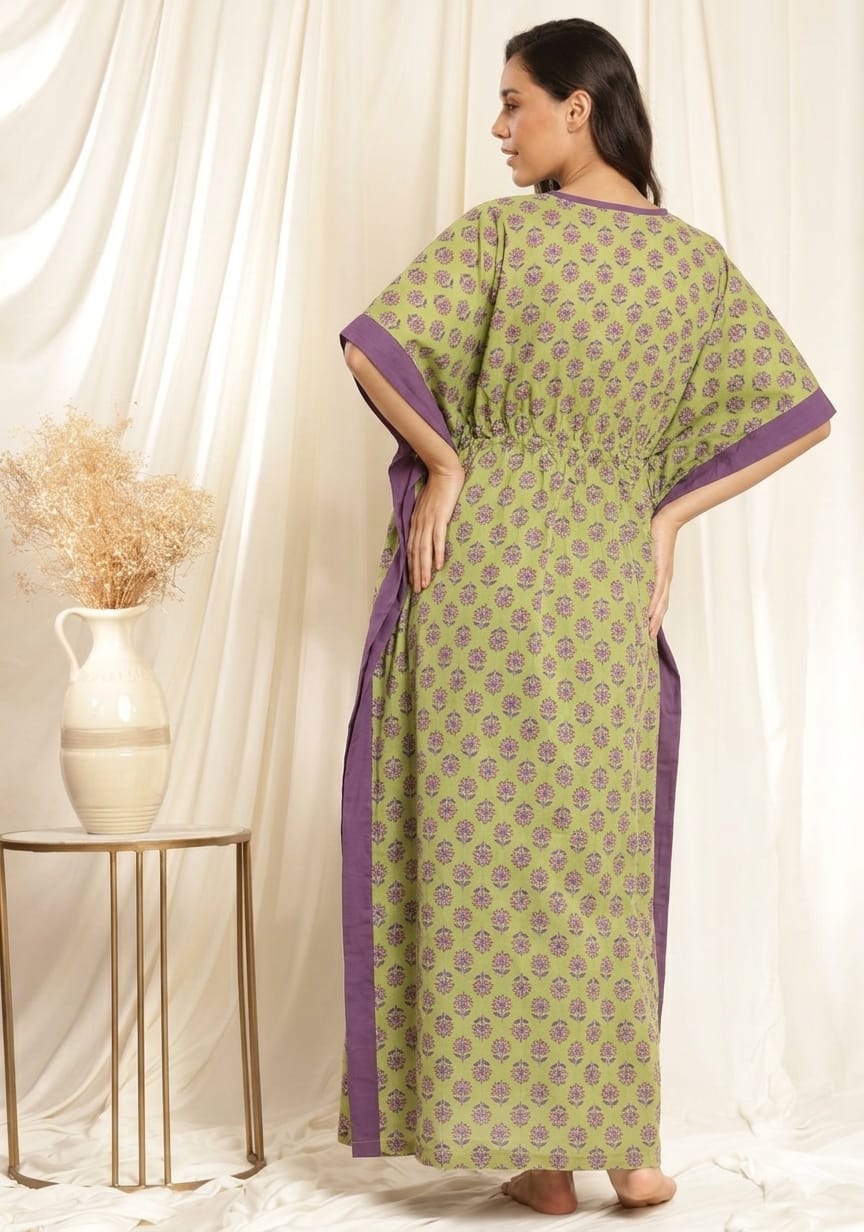 Green Mauve Flower motif Printed Tie-Up Waist Cotton Kaftan