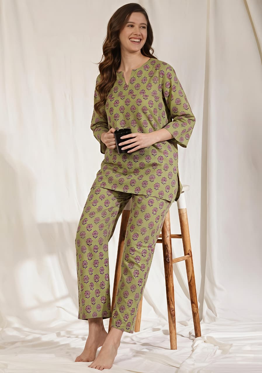 Green Mauve Floral Printed Cotton Night Suit