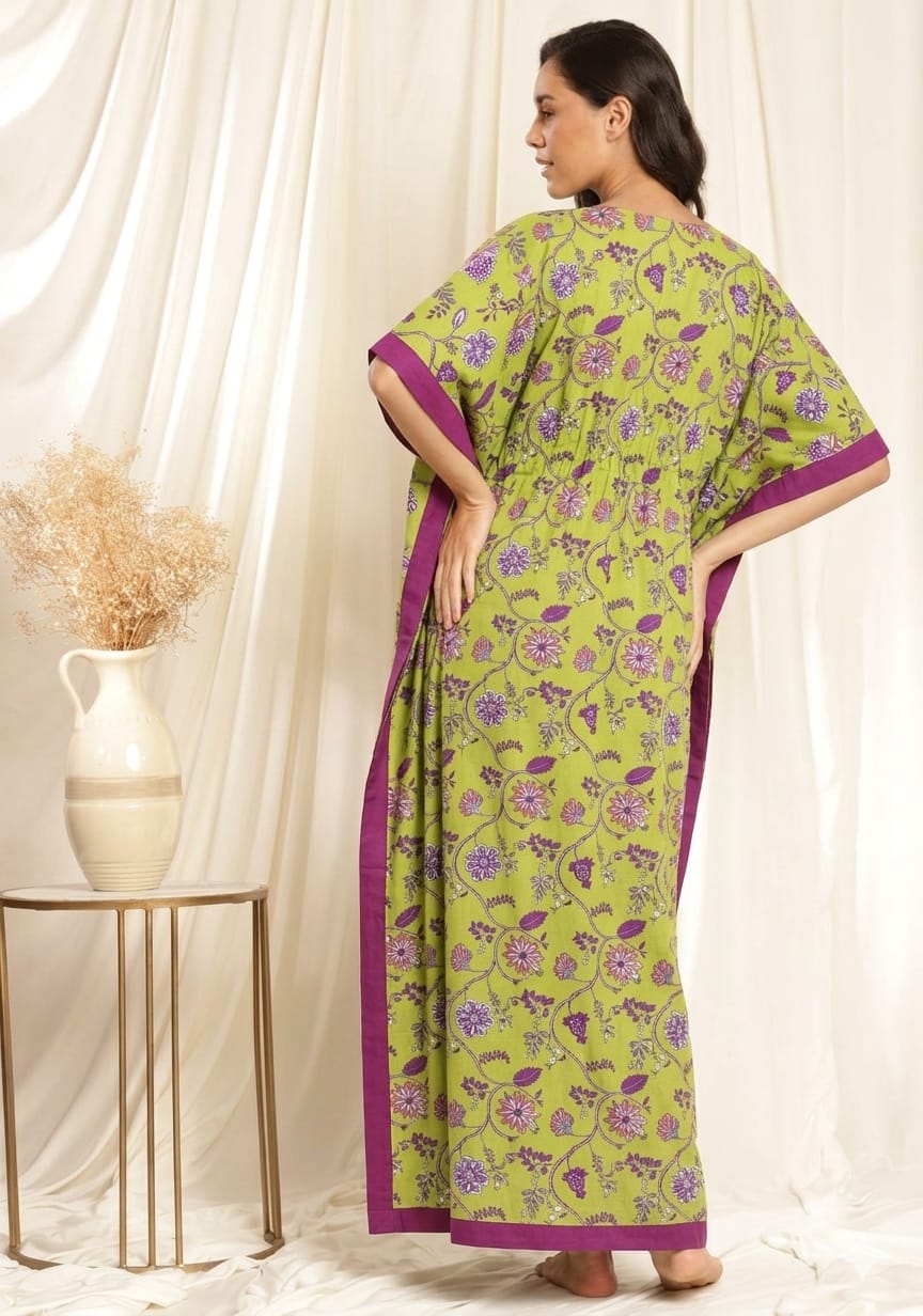 Green Pink Floral Printed Tie-Up Waist Cotton Kaftan