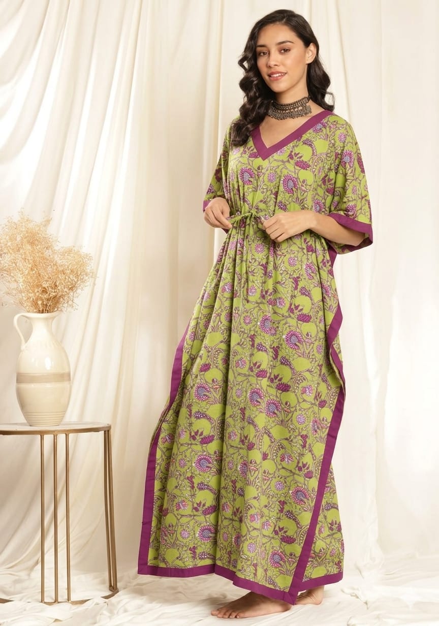 Green Pink Floral Printed Tie-Up Waist Cotton Kaftan