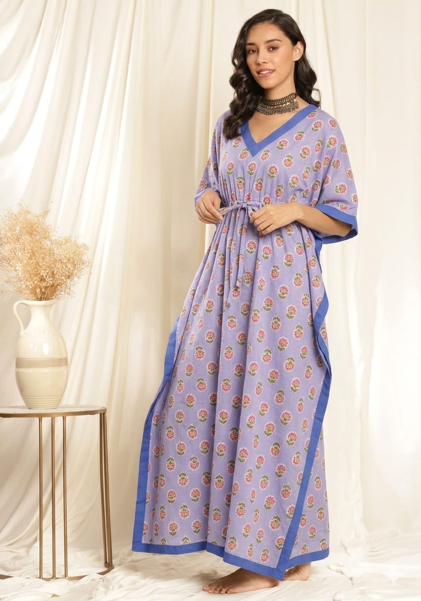 Mauve Pink Floral  Printed Tie-Up Waist Cotton Kaftan