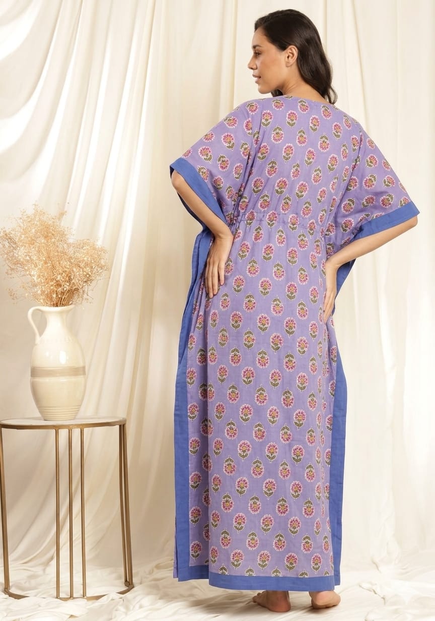 Mauve Pink Floral  Printed Tie-Up Waist Cotton Kaftan