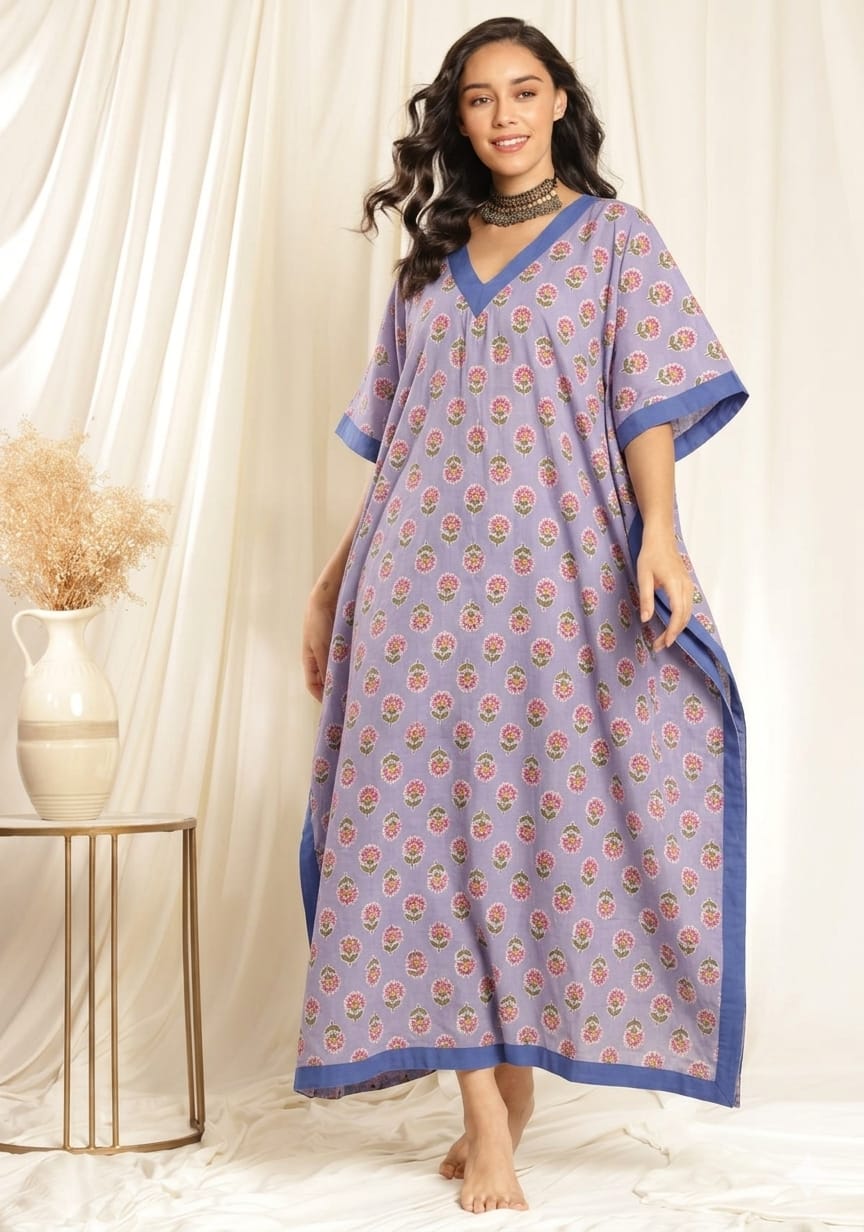 Mauve Pink Floral  Printed Tie-Up Waist Cotton Kaftan