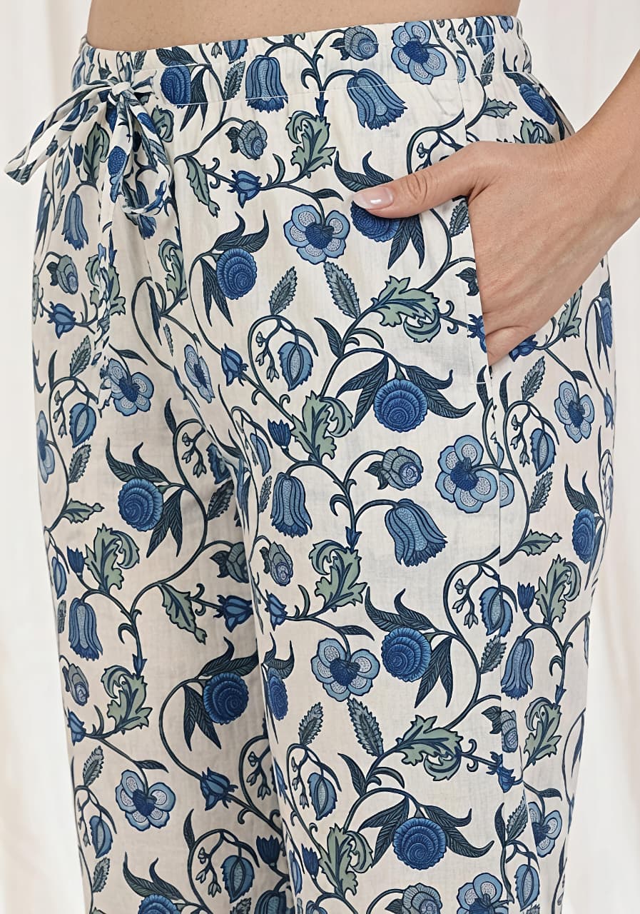 White Blue Floral Printed Cotton Night Suit