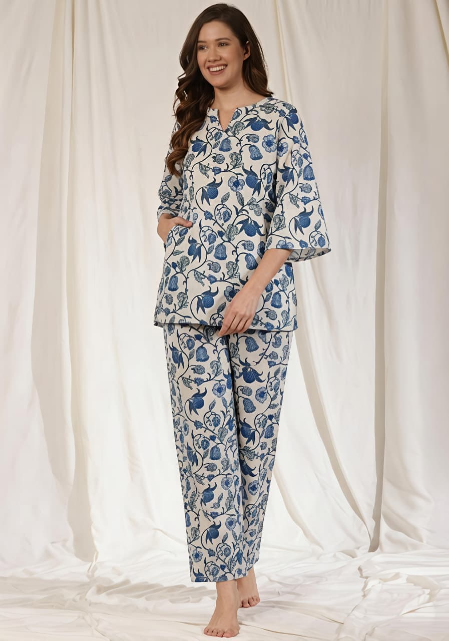 White Blue Floral Printed Cotton Night Suit