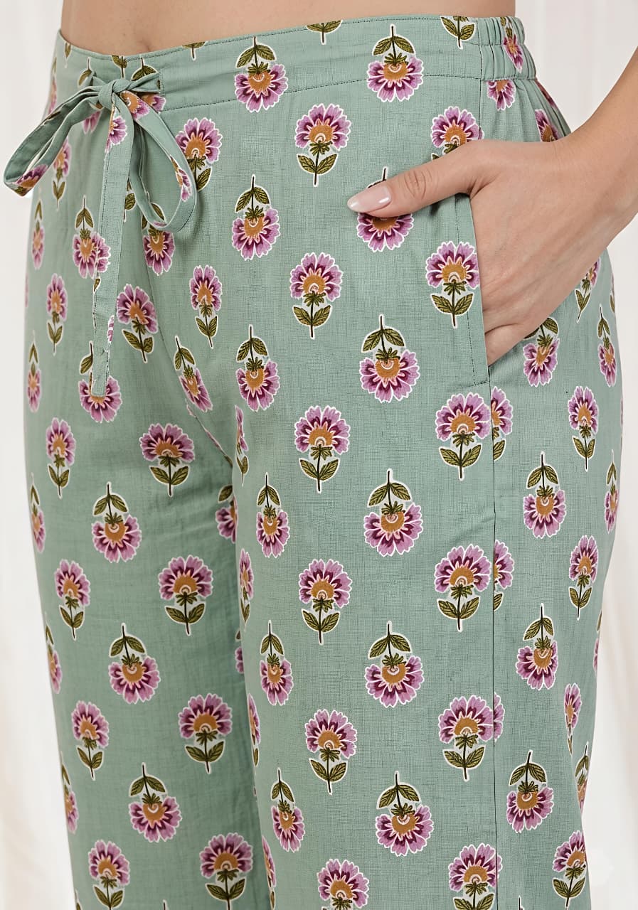 Aqua Pink Floral Printed Cotton Night Suit