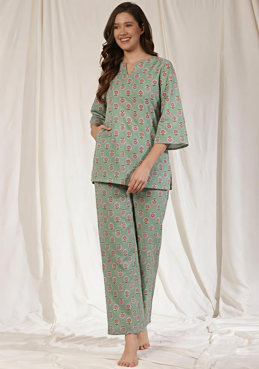 Aqua Pink Floral Printed Cotton Night Suit