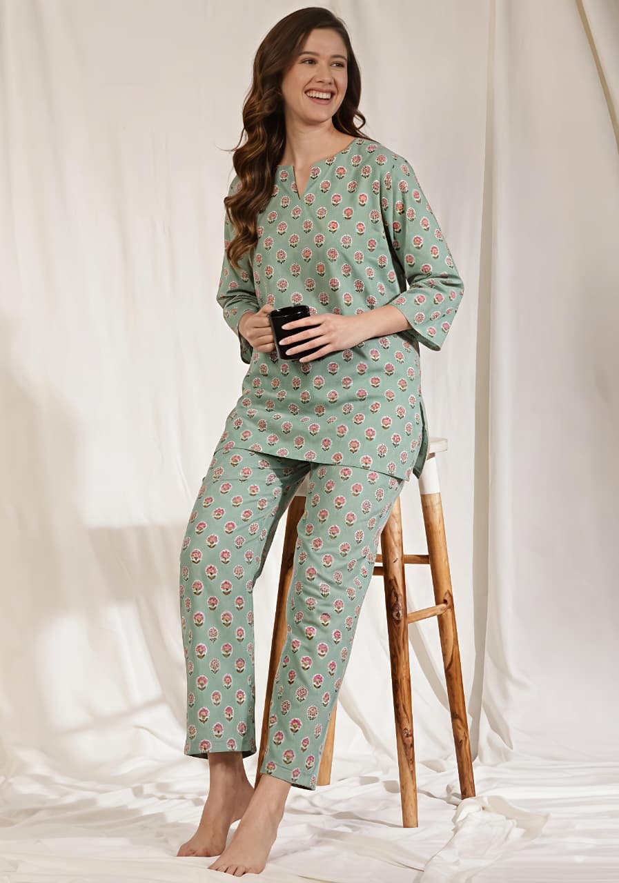 Aqua Pink Floral Printed Cotton Night Suit