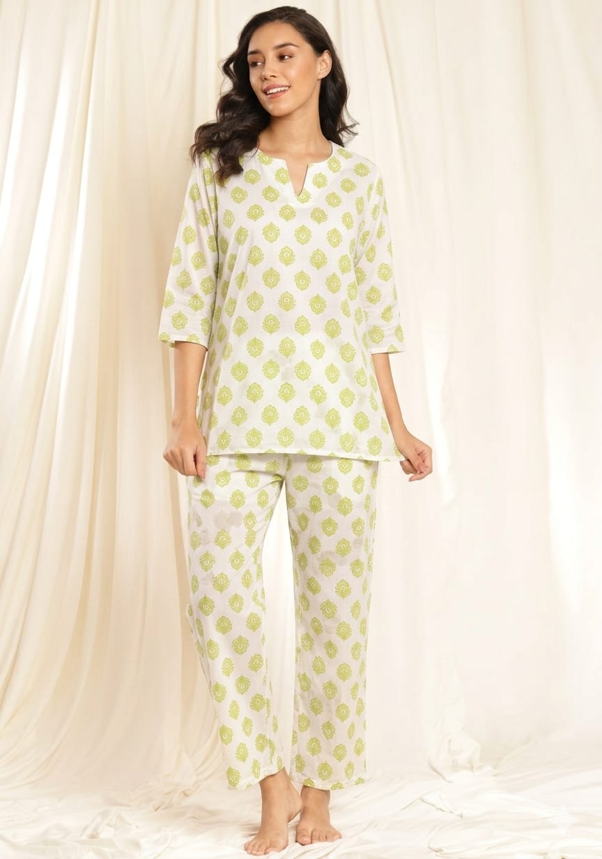 White Olive Green Motif Printed Cotton Night Suit