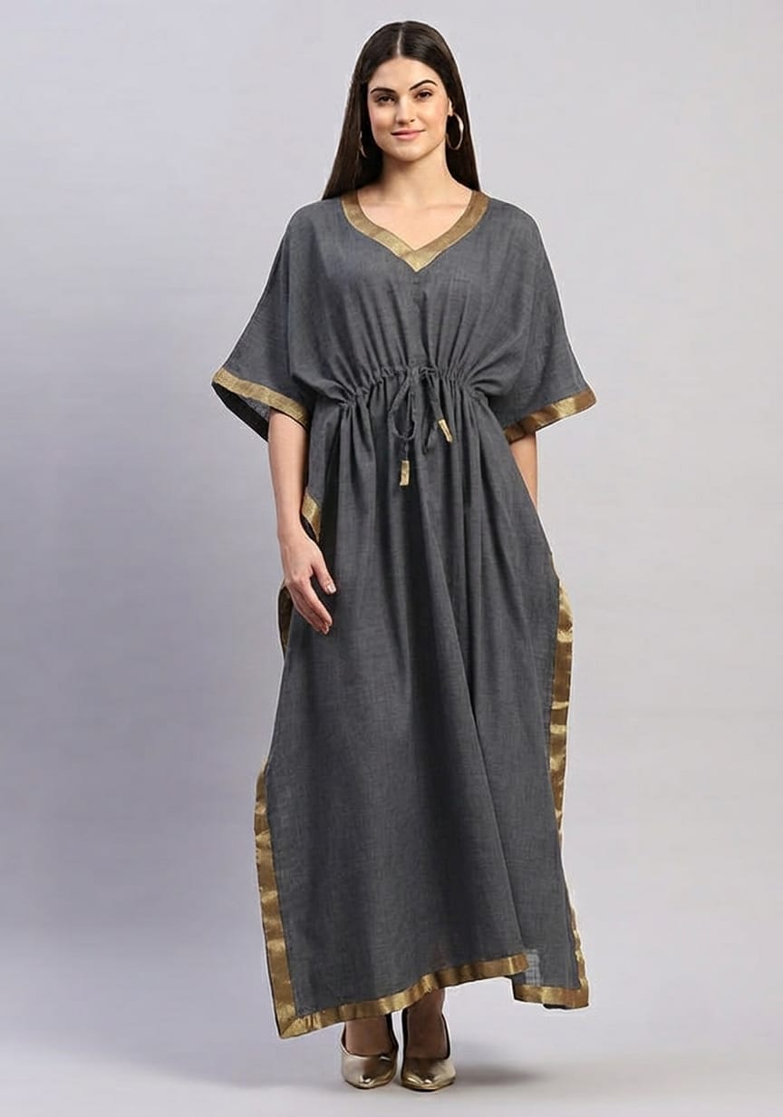 Dark Grey Cotton Kaftan with Gold Tissue Trimmings