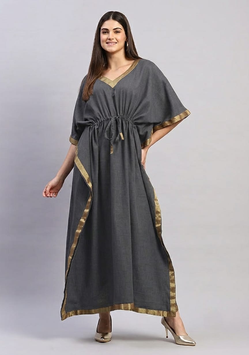 Dark Grey Cotton Kaftan with Gold Tissue Trimmings