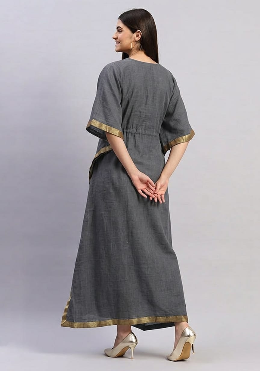 Dark Grey Cotton Kaftan with Gold Tissue Trimmings
