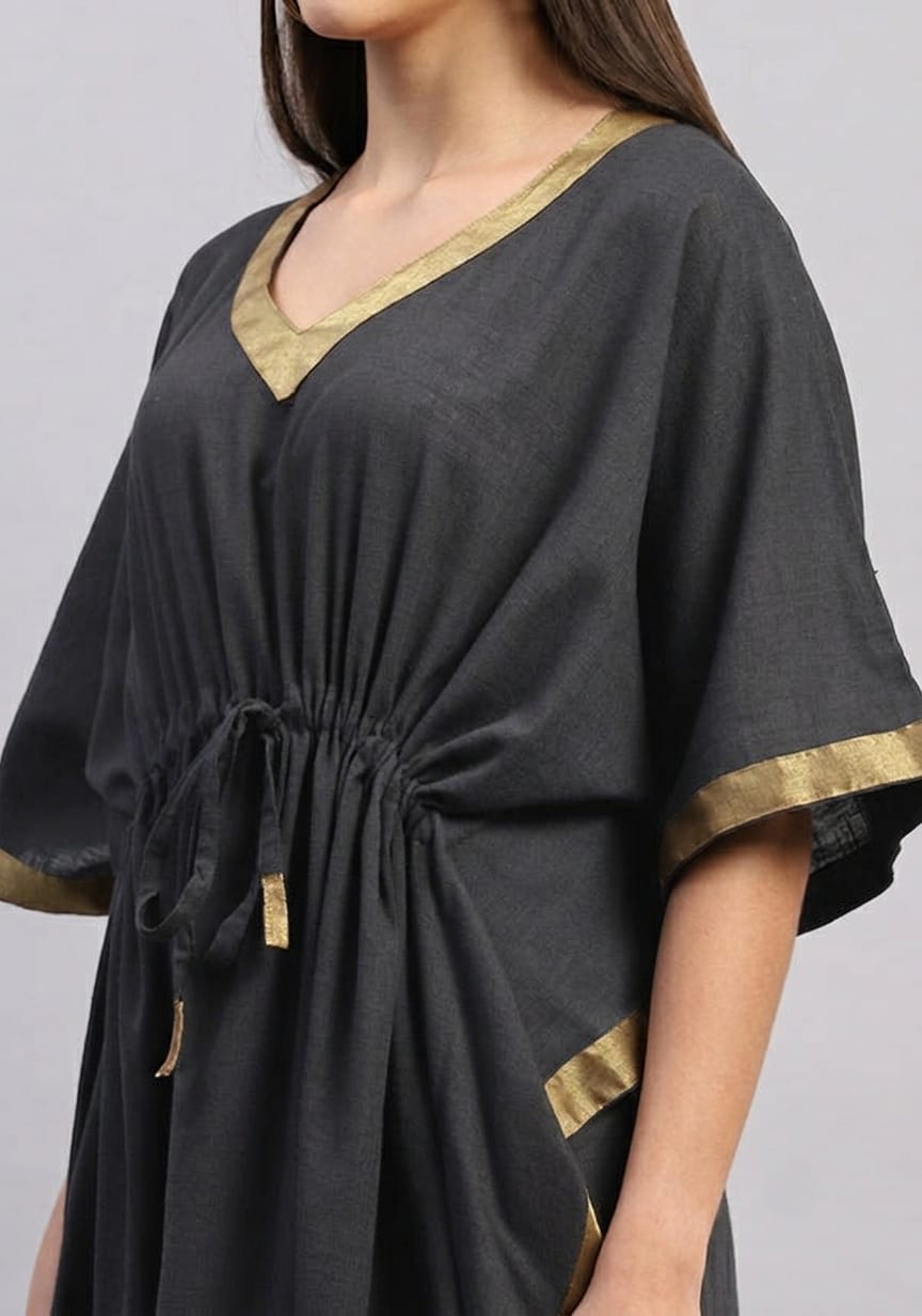 Dark Grey Cotton Kaftan with Gold Tissue Trimmings