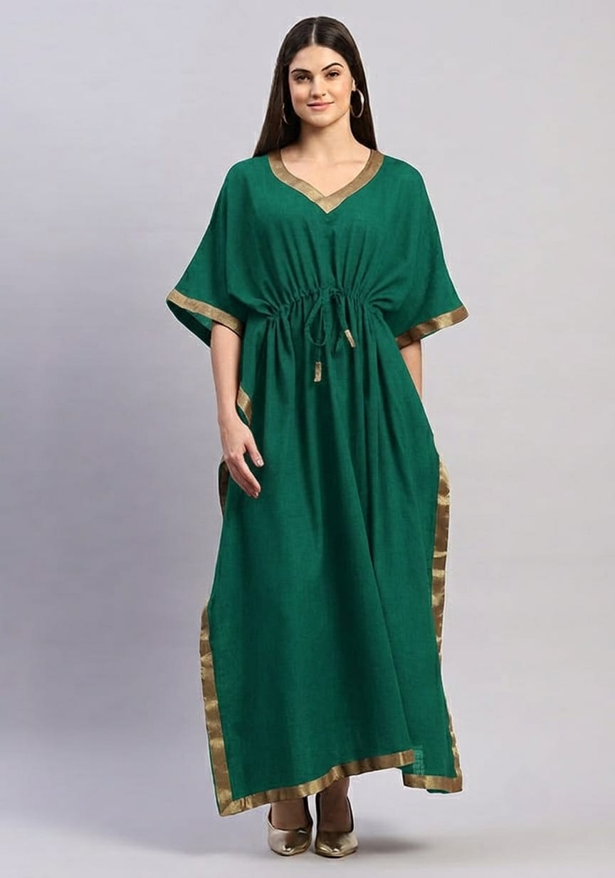 Emerald Green Cotton Kaftan with Gold Tissue Trimmings