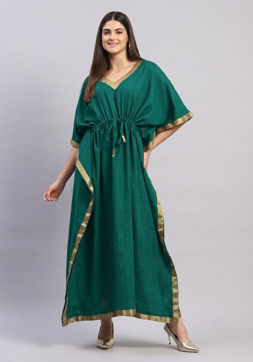 Emerald Green Cotton Kaftan with Gold Tissue Trimmings