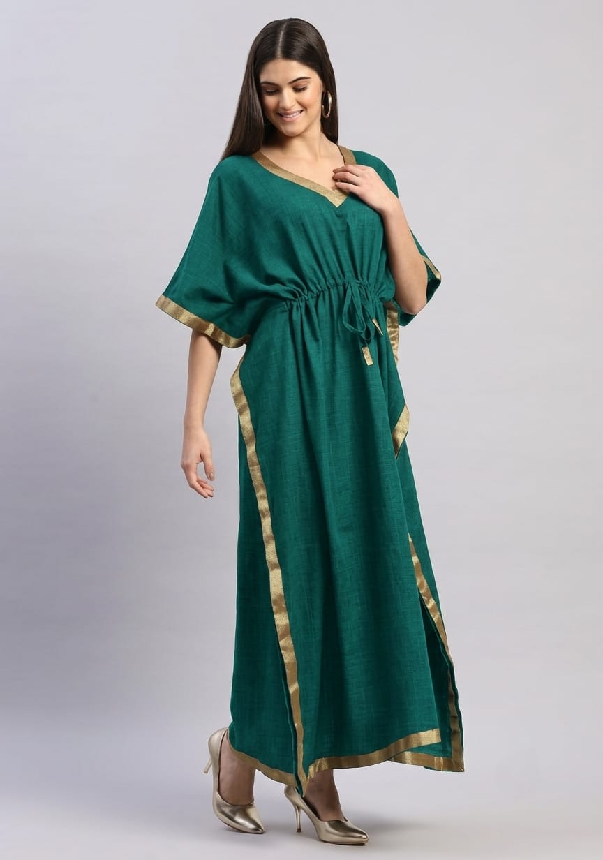 Emerald Green Cotton Kaftan with Gold Tissue Trimmings
